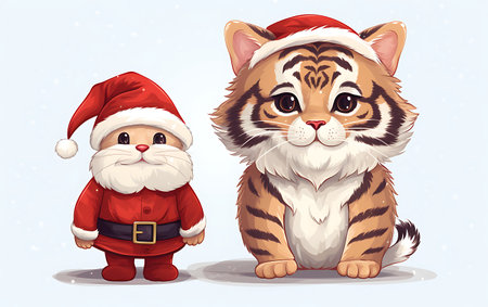 Cute tiger in Santa Claus costume and Santa Claus. Vector illustration.の素材