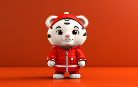Cute cartoon panda wearing a red jacket and a red hat. 3d rendering.の素材