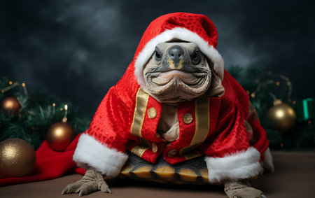 santa claus dog with christmas decoration on dark background.の素材
