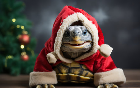 turtle wearing santa claus costume with christmas tree on backgroundの素材