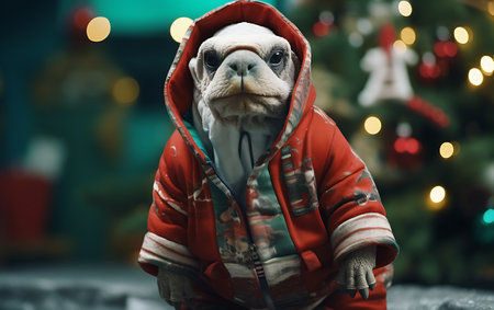dog in a hood on the background of a Christmas tree with a garlandの素材