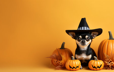 cute chihuahua dog in witch hat with pumpkins on color backgroundの素材