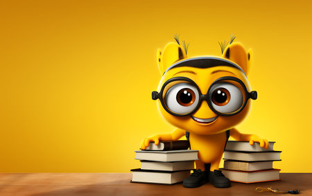3d illustration of a cute yellow monster with glasses sitting on booksの素材