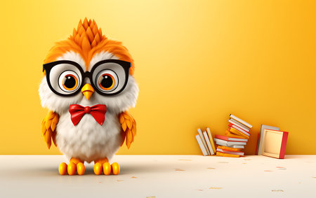 cute owl with eyeglasses and books on the floor - 3d illustrationの素材