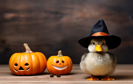 cute duckling in witch hat with pumpkins on wooden backgroundの素材