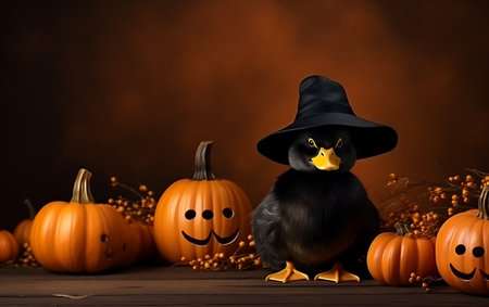 Halloween background with black duck in hat and pumpkins on wooden tableの素材