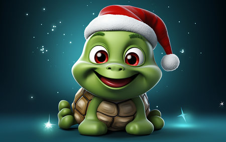 3d rendering of a cute turtle with santa claus hatの素材