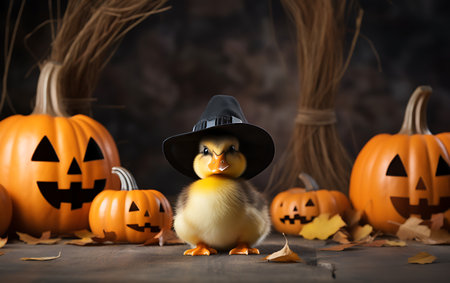 Cute little duckling in witch hat and pumpkins on wooden backgroundの素材