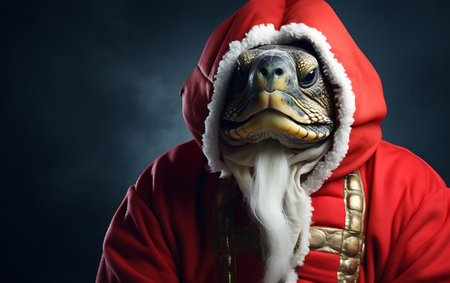 Santa Claus in red costume with a turtle on a dark background.の素材