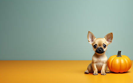 cute chihuahua dog with pumpkin on orange and blue backgroundの素材