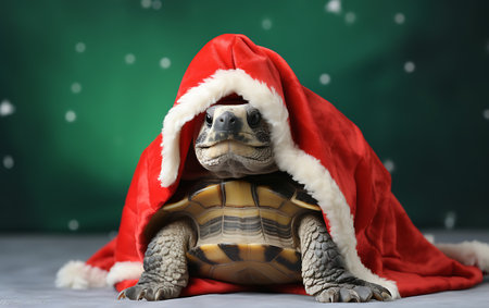 Turtle in Santa Claus costume on green background. Christmas concept.の素材