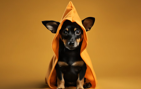 Funny puppy with hood on yellow background, closeup. halloween conceptの素材