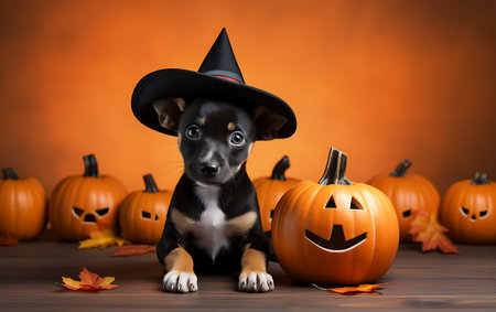 Cute puppy in witch hat with pumpkins on orange background.の素材