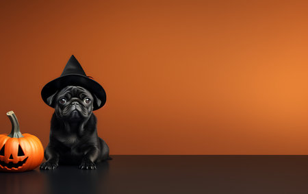 Halloween black pug dog with pumpkin and witch hat on orange backgroundの素材