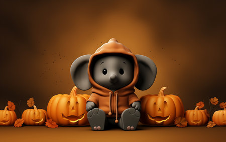 elephant with pumpkins halloween background 3d-illustrationの素材