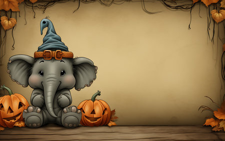 Halloween background with cute elephant and pumpkins - illustration for childrenの素材