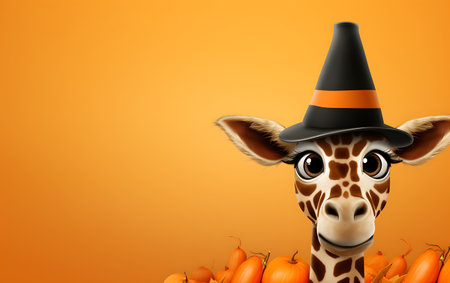 cute giraffe in black hat with pumpkins on orange backgroundの素材