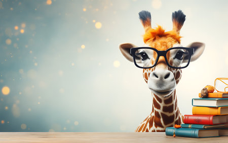 Illustration of a giraffe wearing glasses with bokeh backgroundの素材