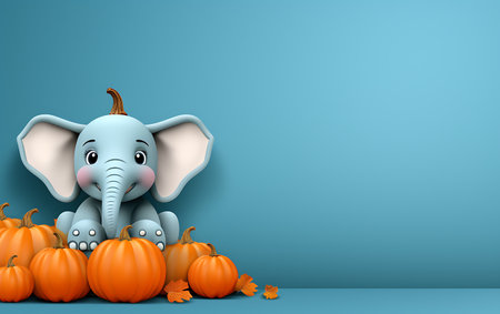 3d illustration of baby elephant with pumpkins and blue wall backgroundの素材