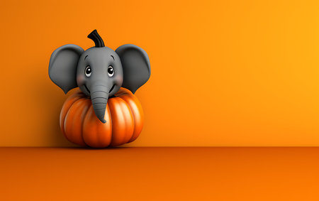 Cartoon elephant with pumpkin on orange background. Halloween concept. 3D renderの素材