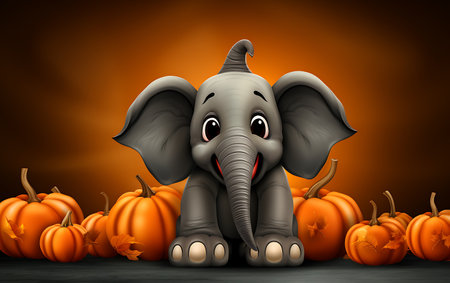 Halloween pumpkin with an elephant on a dark background with copy spaceの素材