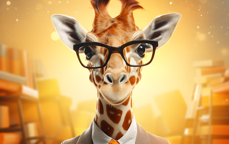 Illustration of a giraffe wearing glasses with bokeh backgroundの素材