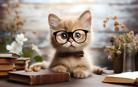 Cute ginger cat in glasses and a bow tie with books and flowersの素材