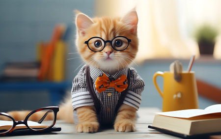 Cute ginger kitten wearing eyeglasses and bow tie sitting on wooden table in roomの素材