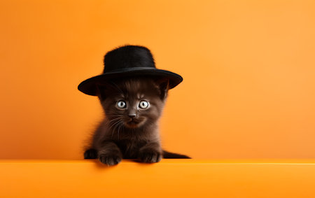 Funny black kitten in a top hat on a orange background.の素材