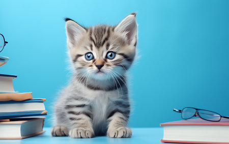 Cute little kitten with books on blue background. Educational concept.の素材