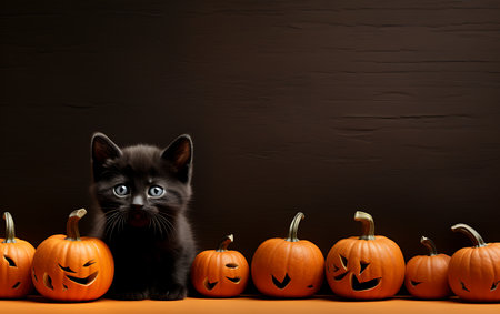 Halloween background with black kitten, pumpkins and copy space.の素材