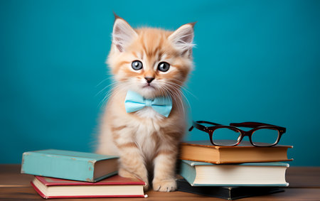 Cute ginger cat in glasses and a bow tie with books and flowersの素材
