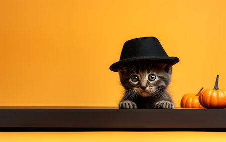 Cute kitten in black hat with pumpkins on orange background.の素材