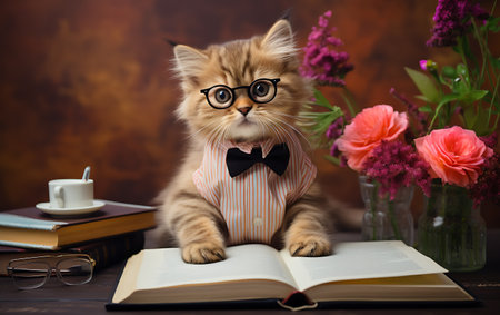 Cute ginger cat in glasses and a bow tie with books and flowersの素材