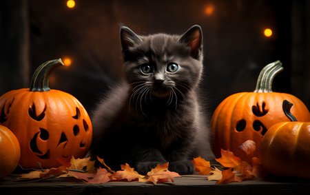 Cute little kitten with pumpkins on dark background. halloween conceptの素材
