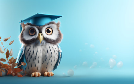 Owl with graduation cap on blue background. 3D illustration.の素材