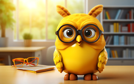 Cute owl with glasses and a book on the table. 3d renderingの素材