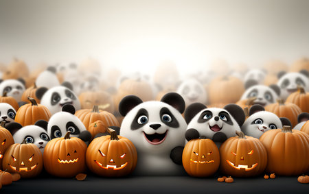 3d rendering of cute panda group with halloween pumpkinの素材