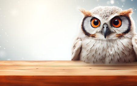 Owl on wooden table with bokeh background. 3D renderingの素材