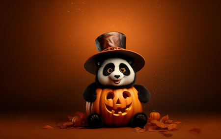 Panda bear with hat and pumpkin on orange background. halloween conceptの素材