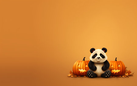 3d illustration of a panda and pumpkin for halloweenの素材
