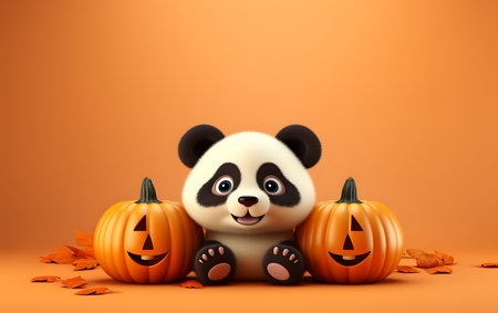 3d illustration of a cute panda with halloween pumpkinの素材