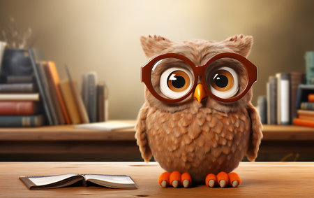 Cute owl with eyeglasses and books on a white backgroundの素材