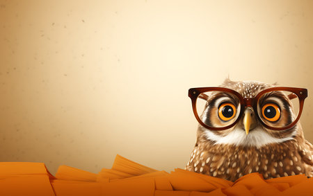 Cute owl with eyeglasses and books on a white backgroundの素材