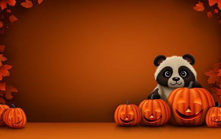 panda bear with pumpkins halloween background 3d renderの素材