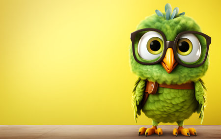 Cute green owl with glasses on yellow background. 3D illustration.の素材