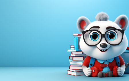 3d illustration of cute cartoon panda student with backpack and booksの素材