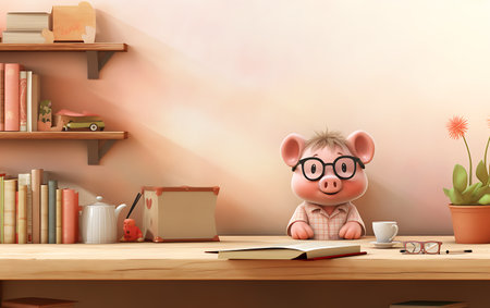 Cute pig with glasses is sitting at the table and reading a book. 3d renderingの素材