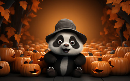 panda in hat sitting on pumpkin halloween background 3d illustrationの素材