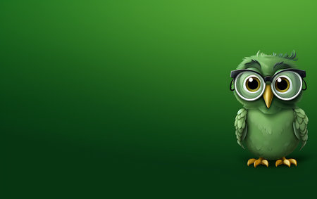 green owl with glasses on a green background. 3d illustration.の素材